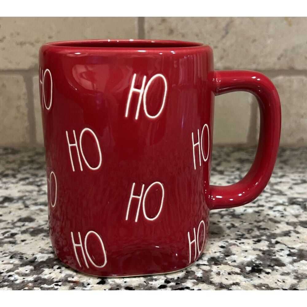 New RAE DUNN 2023 Christmas HO HO HO All Over Repeat Print Mug Red Farmhouse